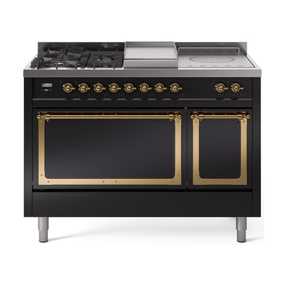 ILVE UN48FSQNMPBKG Nostalgie II Noblesse 48 inch Dual Fuel Range (5 Sealed Burners + Griddle + French Top, Natural Gas, Solid Door, Glossy Black, Brass)