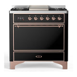 ILVE UM36FQNR3BKP Majestic III 36 inch Dual Fuel Range with 6 Black Brass Burners and Griddle, Dual Function Burner up to 25,000 BTU (Solid Door, Glossy Black, Copper, Natural Gas)
