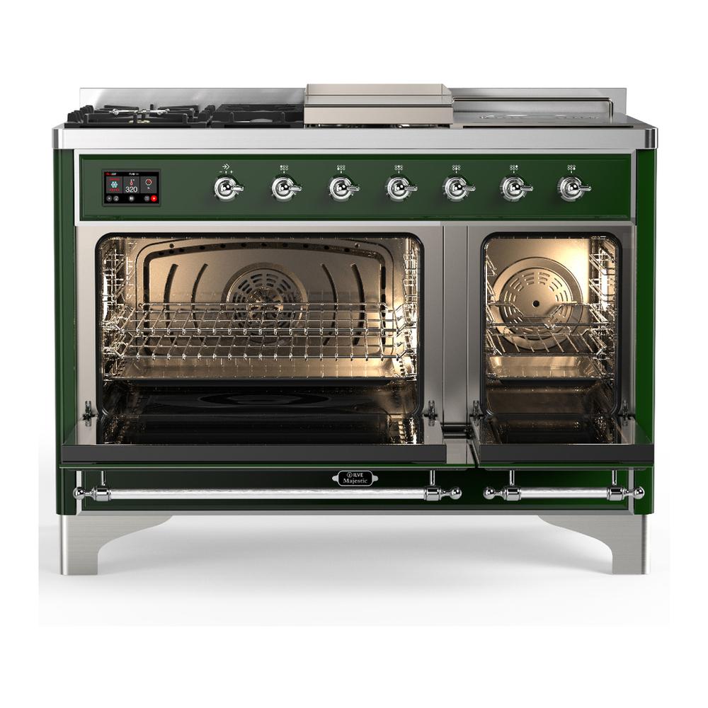 ILVE UM48FSNR3EGC Majestic III 48 inch Dual Fuel Range with 5 Black Brass Burners, Griddle and French Top, Dual Function Burner up to 25,000 BTU (Natural Gas, Triple Glass Door, Emerald Green, Chrome)