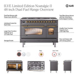 ILVE UP488NMPWHGLP Nostalgie II 48 inch Dual Fuel Range with 8 Total Black Brass Sealed Burners, Brass Trim (Limited Edition) (Liquid Propane, White)