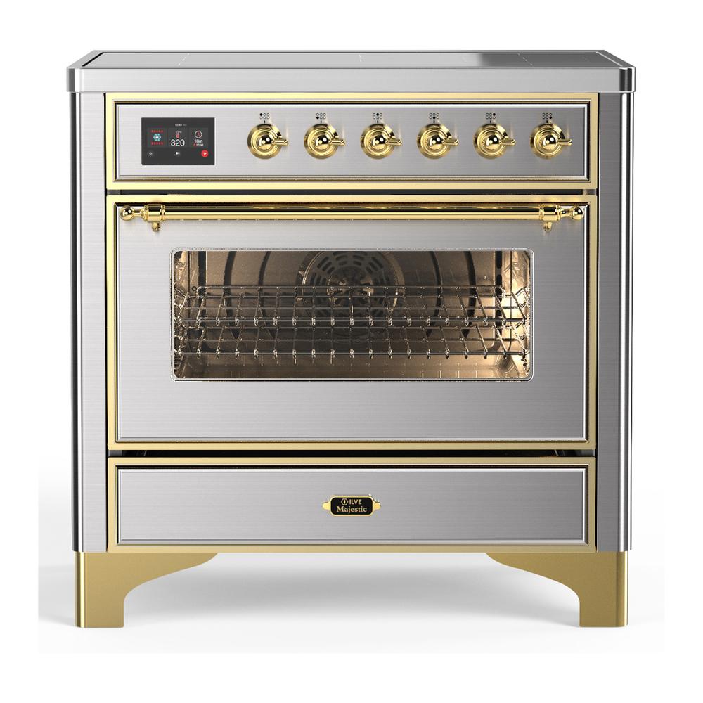 ILVE UMIB36NR3SSG Majestic III 36 inch Induction Range with 6 Elements, 3.5 cu. ft. Total Oven Capacity (Triple Glass Door, Stainless Steel, Brass)