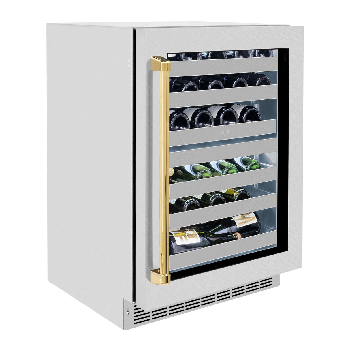 ZLINE Autograph Edition 24 in. Touchstone Dual Zone 44 Bottle Wine Cooler With DuraSnow' Stainless Steel Glass Door And Polished Gold Handle (RWDOZ-SN-24-G)