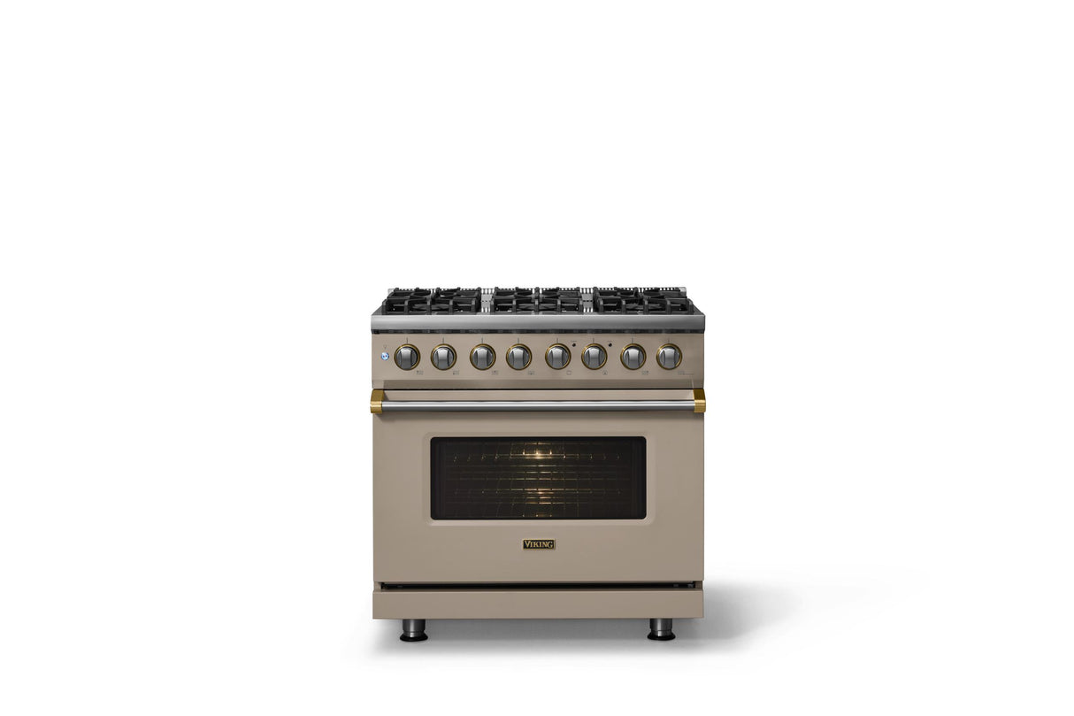 36"W. Dual Fuel Range (Burner: 6b, Finish: Nantucket, Trim: Polished Chrome, Fuel: Propane)