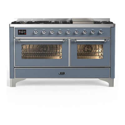 ILVE UM60FNR3BGC Majestic III 60 inch Dual Fuel Range with 9 Burners and Griddle, Dual Function Burner up to 25,000 BTU (Natural Gas, Triple Glass Door, Blue Grey, Chrome)