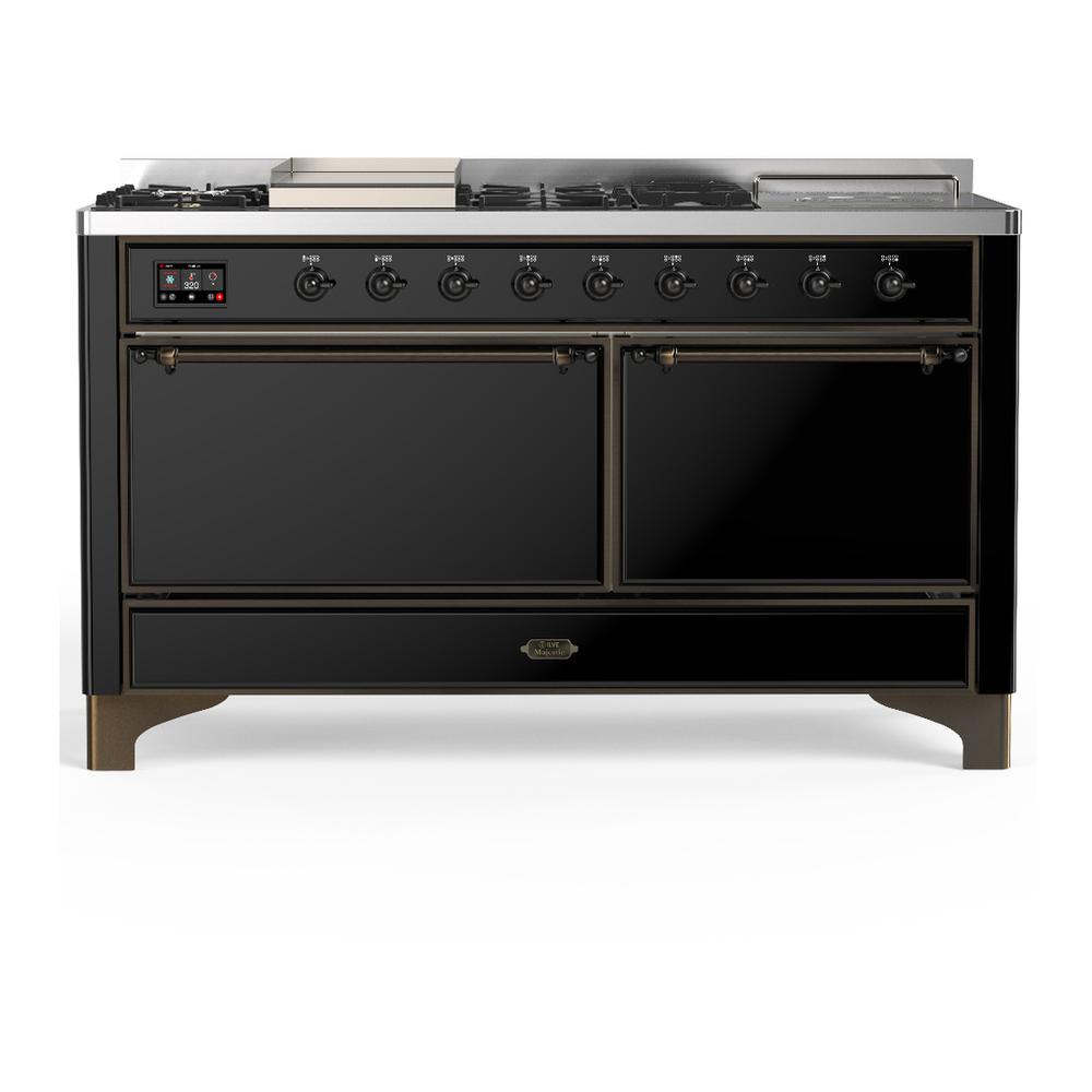 ILVE UM60FSQNR3BKB Majestic III 60 inch Dual Fuel Range with 7 Burners, Griddle and French Top, Dual Function Burner with up to 25,000 BTU (Natural Gas, Solid Door, Glossy Black, Burnished)