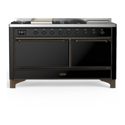 ILVE UM60FSQNR3BKB Majestic III 60 inch Dual Fuel Range with 7 Burners, Griddle and French Top, Dual Function Burner with up to 25,000 BTU (Natural Gas, Solid Door, Glossy Black, Burnished)