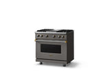 36"W. Sealed Burner Gas Range (Burner: 4g, Finish: Damascus Gray, Trim: Brushed Brass, Fuel: Natural Gas)