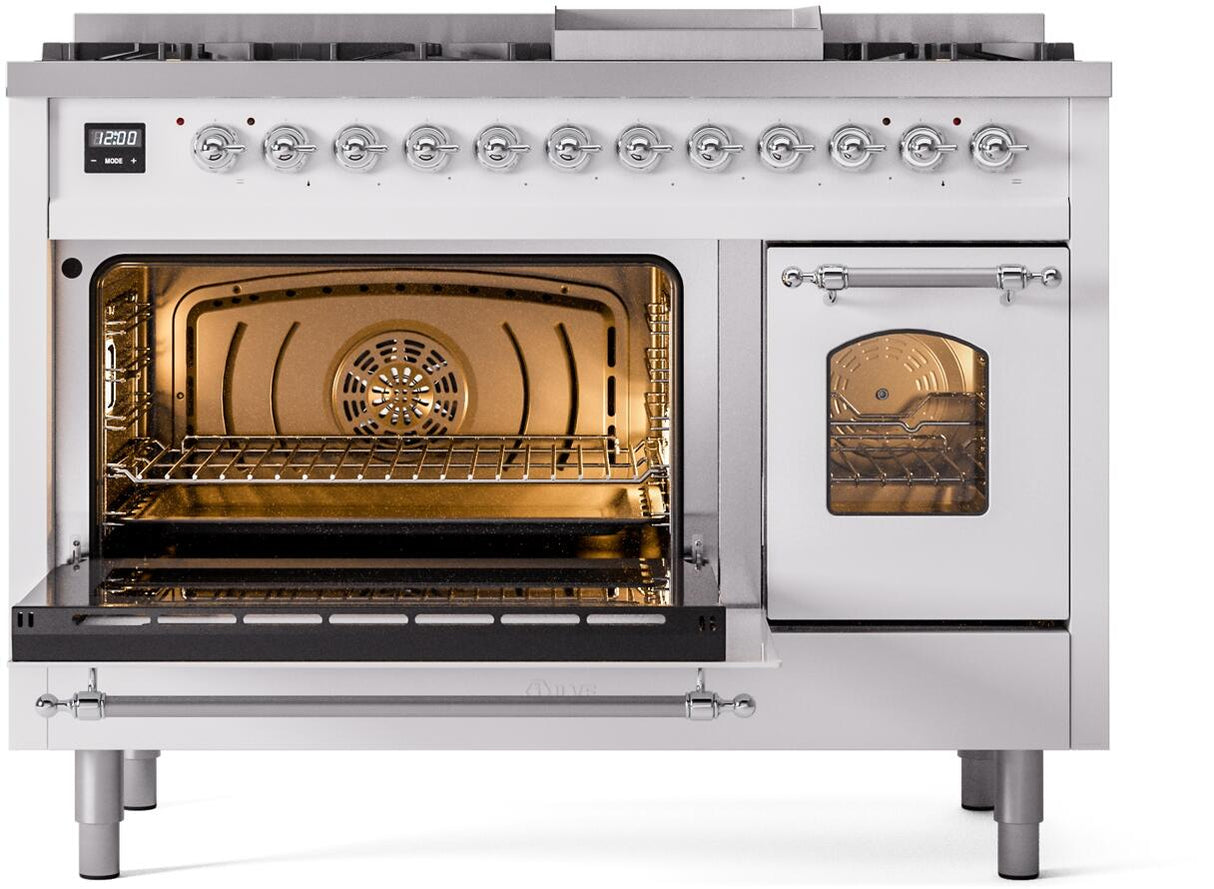 Nostalgie II 48 Inch Dual Fuel Natural Gas Freestanding Range in White with Chrome Trim