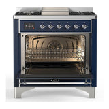 ILVE UM36FQNR3MBCLP Majestic III 36 inch Dual Fuel Range with 6 Black Brass Burners and Griddle, Dual Function Burner up to 25,000 BTU (Solid Door, Midnight Blue, Chrome, Liquid Propane)