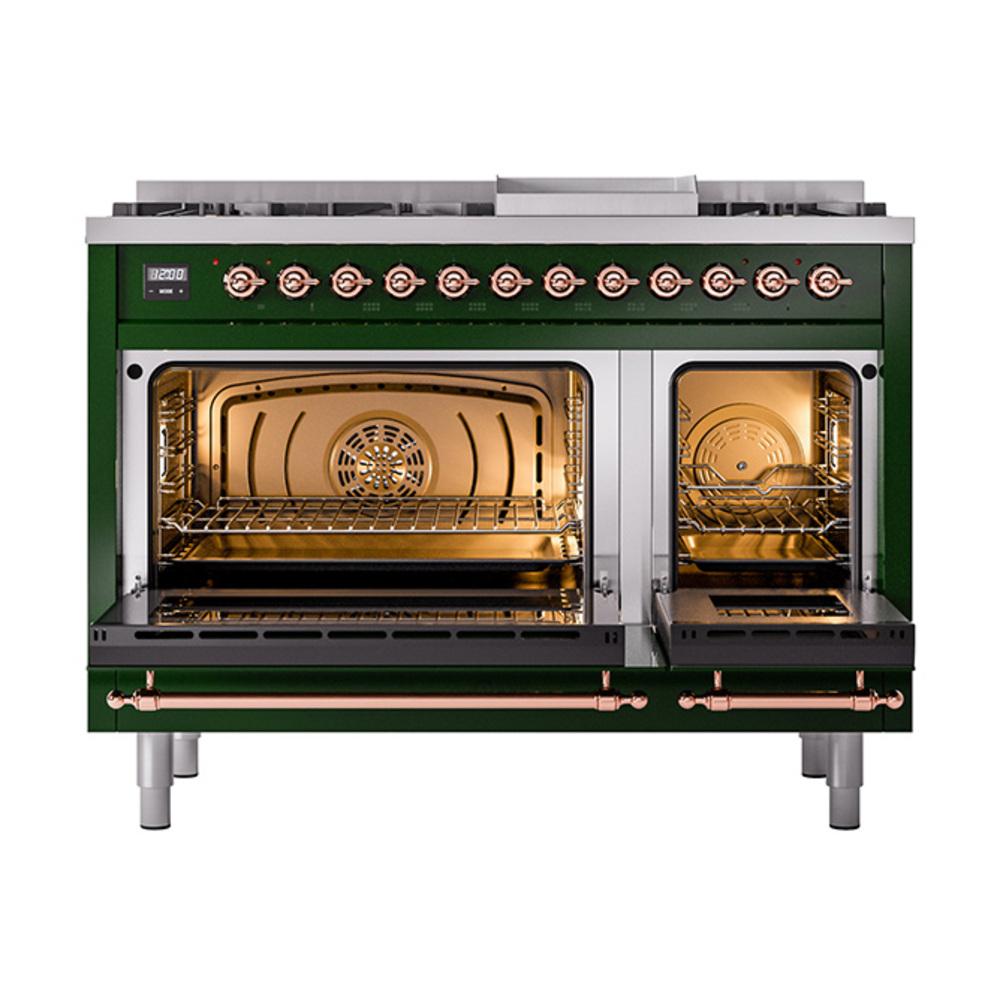 ILVE UN48FNMPEGP Nostalgie II Noblesse 48 inch Dual Fuel Range (8 Sealed Burners + Griddle, Natural Gas, Triple Glass Door, Emerald Green, Copper)