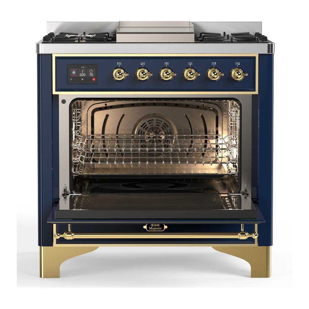 ILVE UM36FNR3MBGLP Majestic III 36 inch Dual Fuel Range with 6 Black Brass Burners and Griddle, Dual Function Burner up to 25,000 BTU (Triple Glass Door, Midnight Blue, Brass, Liquid Propane)