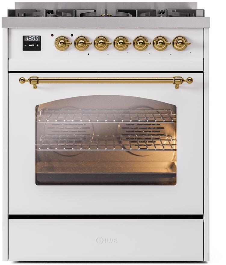Nostalgie II 30 Inch Dual Fuel Liquid Propane Freestanding Range in White with Brass Trim
