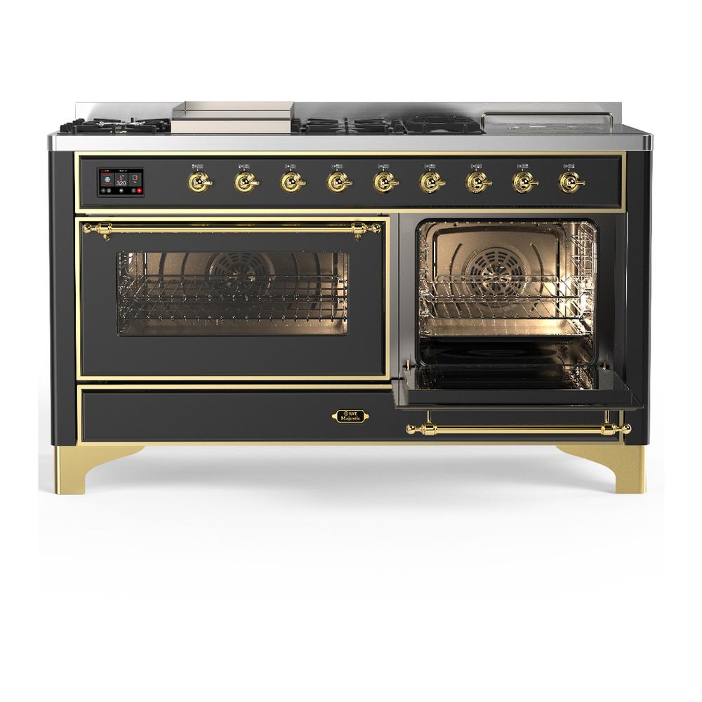 ILVE UM60FSNR3MGGLP Majestic III 60 inch Dual Fuel Range with 7 Burners, Griddle and French Top, Dual Function Burner with up to 25,000 BTU (Liquid Propane, Triple Glass Door, Graphite Matte, Brass)