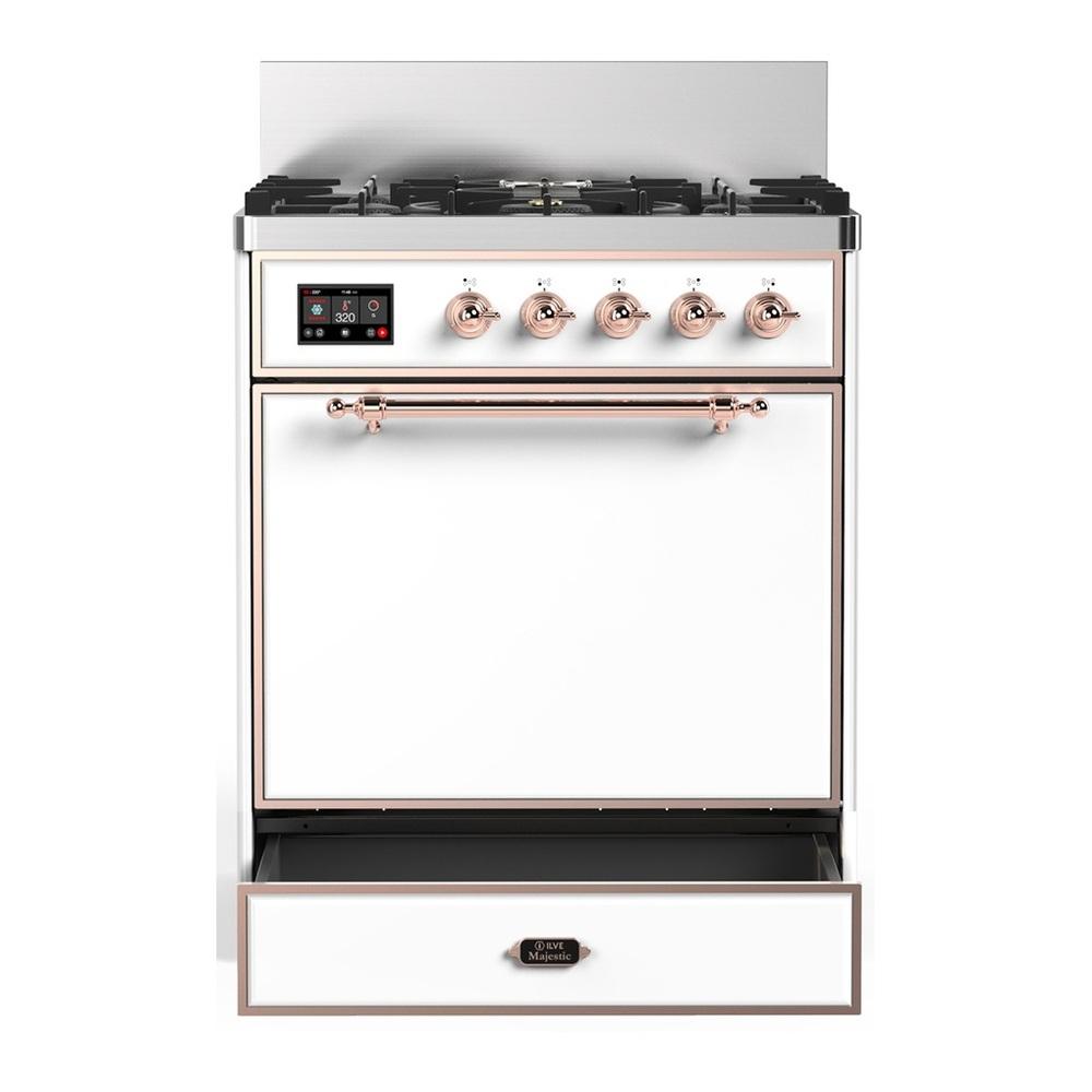ILVE UM30QNR3WHPLP Majestic III 30 inch Dual Fuel Range with 5 Black Brass Burners, Dual Function Burner up to 25,000 BTU (Liquid Propane, Solid Door, White, Copper)