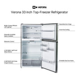 Verona VEFTF3324RSL 33 inch Top Freezer Refrigerator with 24 cu. ft. Total Capacity, Reversible Doors, Recessed Handle, Energy Star (Stainless Steel Look)
