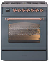 Nostalgie II 30 Inch Dual Fuel Natural Gas Freestanding Range in Blue Grey with Copper Trim