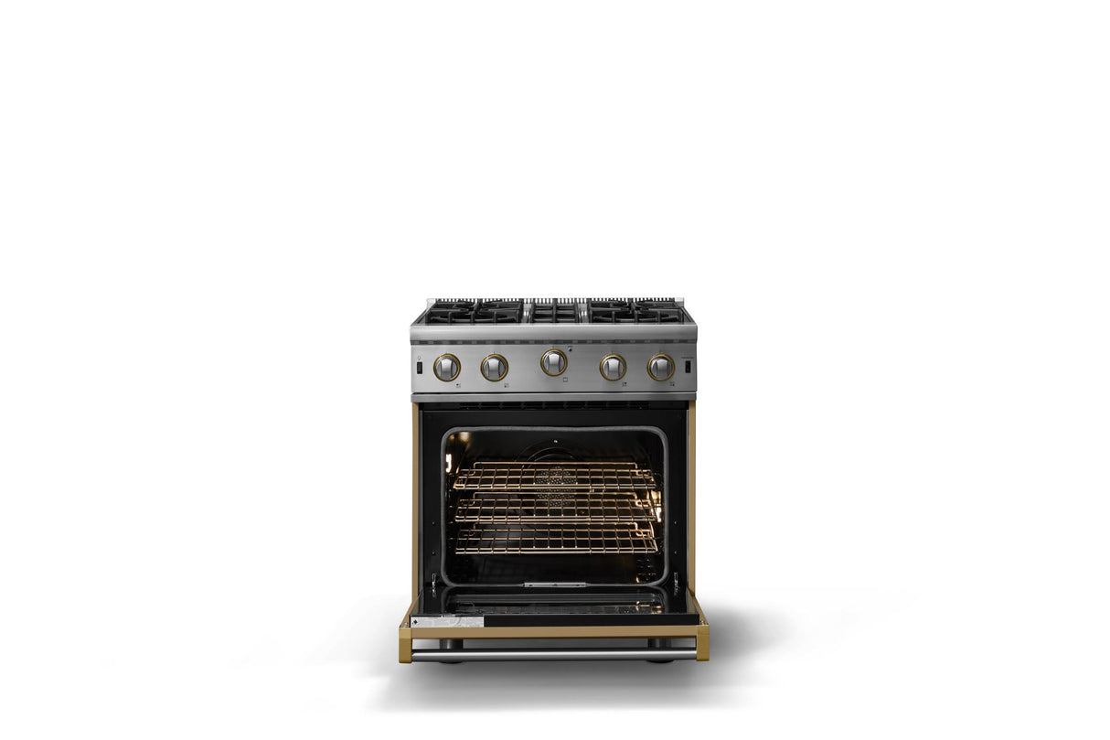 30"W. Open Burner Gas Range (Finish: Golden Hour, Trim: Brushed Brass, Fuel: Natural Gas)