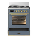 ILVE UM30NR3BGGLP Majestic III 30 inch Dual Fuel Range with 5 Black Brass Burners, Dual Function Burner up to 25,000 BTU (Liquid Propane, Triple Glass Door, Blue Grey, Brass)