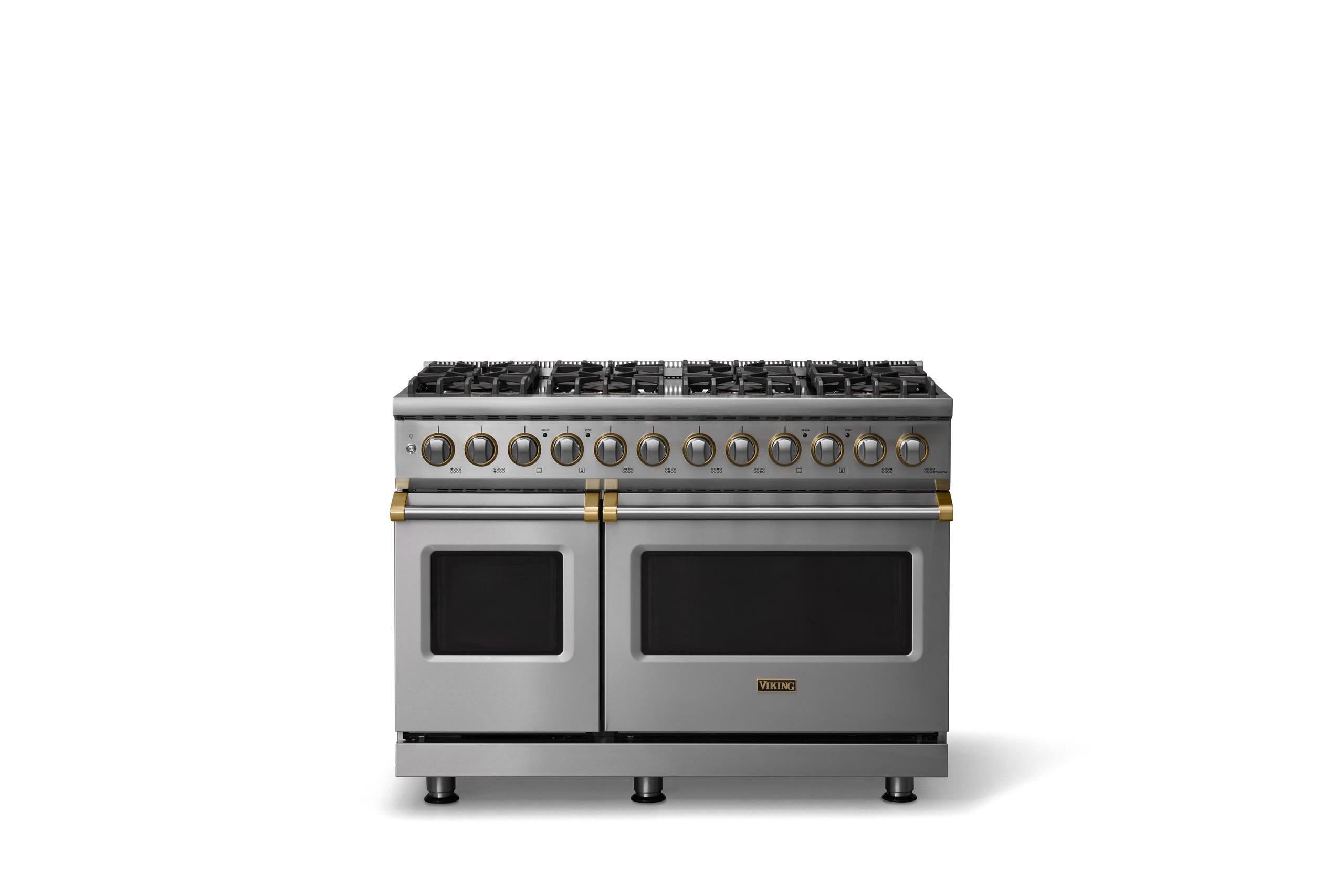 48"W. Dual Fuel Range (Burner: 8b, Finish: Stainless Steel, Trim: Brushed Brass, Fuel: Propane)