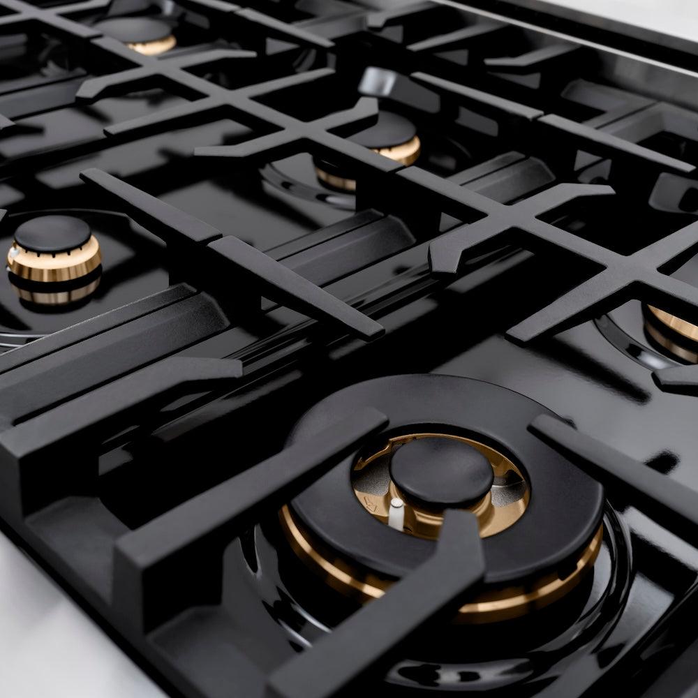 ZLINE Autograph Edition 36 in. 5.2 cu. ft. Classic Gas Range with 6 Burner Cooktop and Convection Gas Oven in Stainless Steel with Black Matte Door and Champagne Bronze Accents (CGRZ-BLM-36-CB)