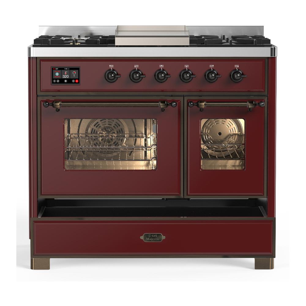 ILVE UMD40FNR3BUBLP Majestic III 40 inch Dual Fuel Range with 6 Burners and Griddle, Dual Function Burner up to 25,000 BTU (Liquid Propane, Triple Glass Door, Burgundy, Burnished)