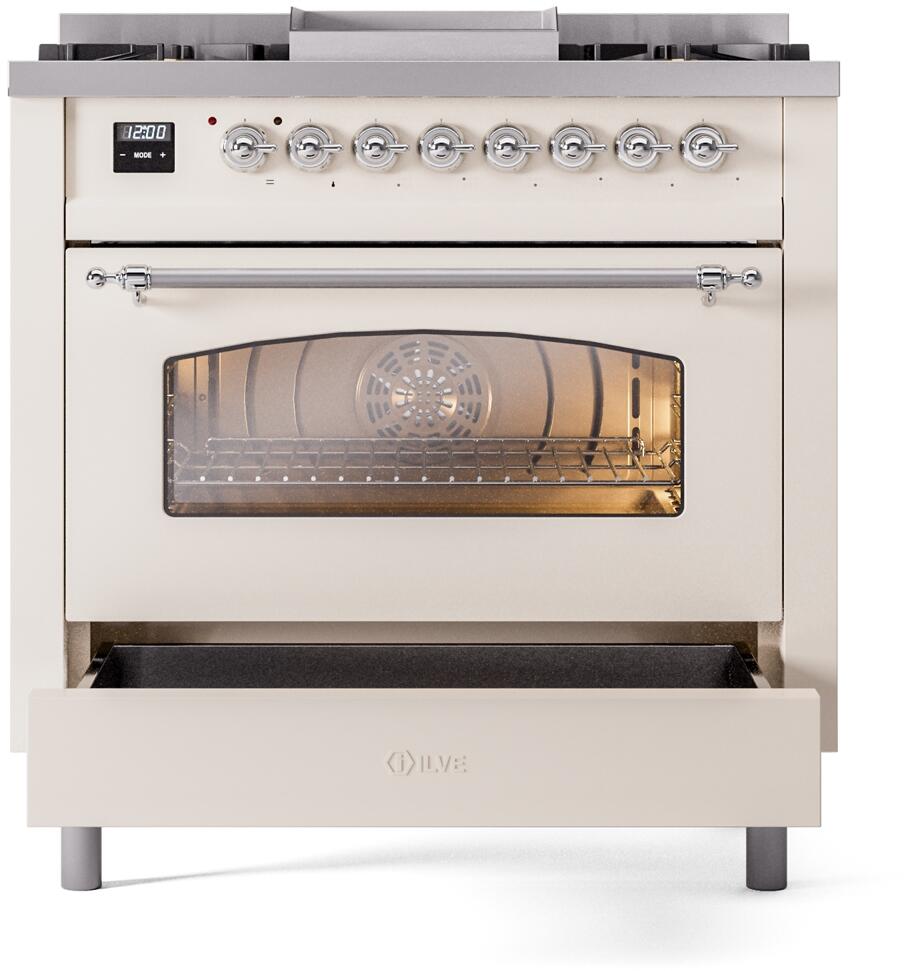 Nostalgie II 36 Inch Dual Fuel Natural Gas Freestanding Range in Antique White with Chrome Trim