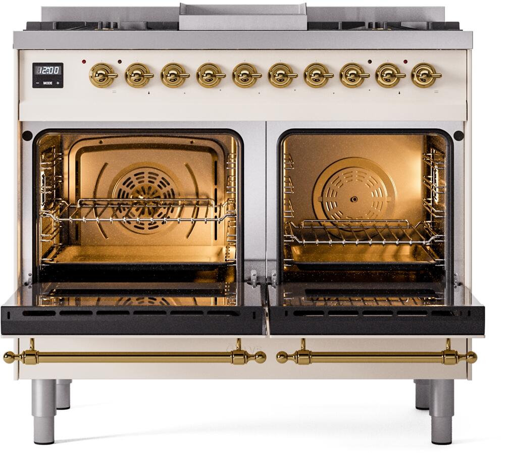 Nostalgie II 40 Inch Dual Fuel Natural Gas Freestanding Range in Antique White with Brass Trim