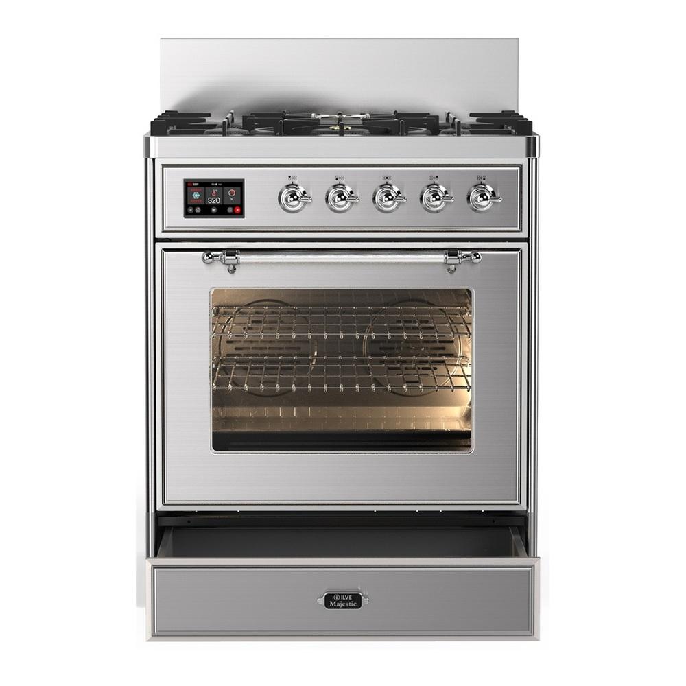 ILVE UM30NR3SSCLP Majestic III 30 inch Dual Fuel Range with 5 Black Brass Burners, Dual Function Burner up to 25,000 BTU (Liquid Propane, Triple Glass Door, Stainless Steel, Chrome)