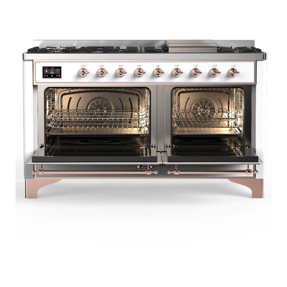 ILVE UM60FQNR3WHP Majestic III 60 inch Dual Fuel Range with 9 Burners and Griddle, Dual Function Burner up to 25,000 BTU (Natural Gas, Solid Door, White, Copper)