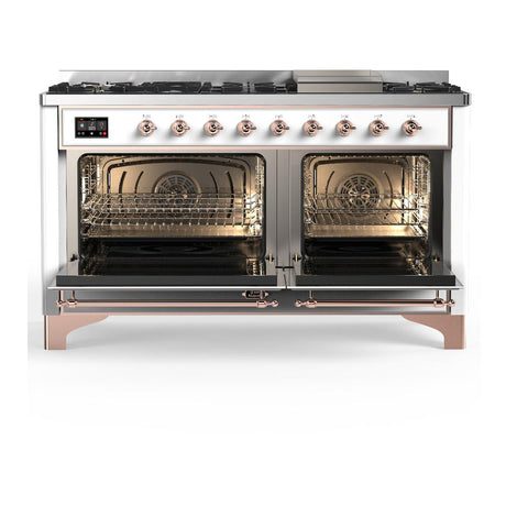 ILVE UM60FQNR3WHP Majestic III 60 inch Dual Fuel Range with 9 Burners and Griddle, Dual Function Burner up to 25,000 BTU (Natural Gas, Solid Door, White, Copper)