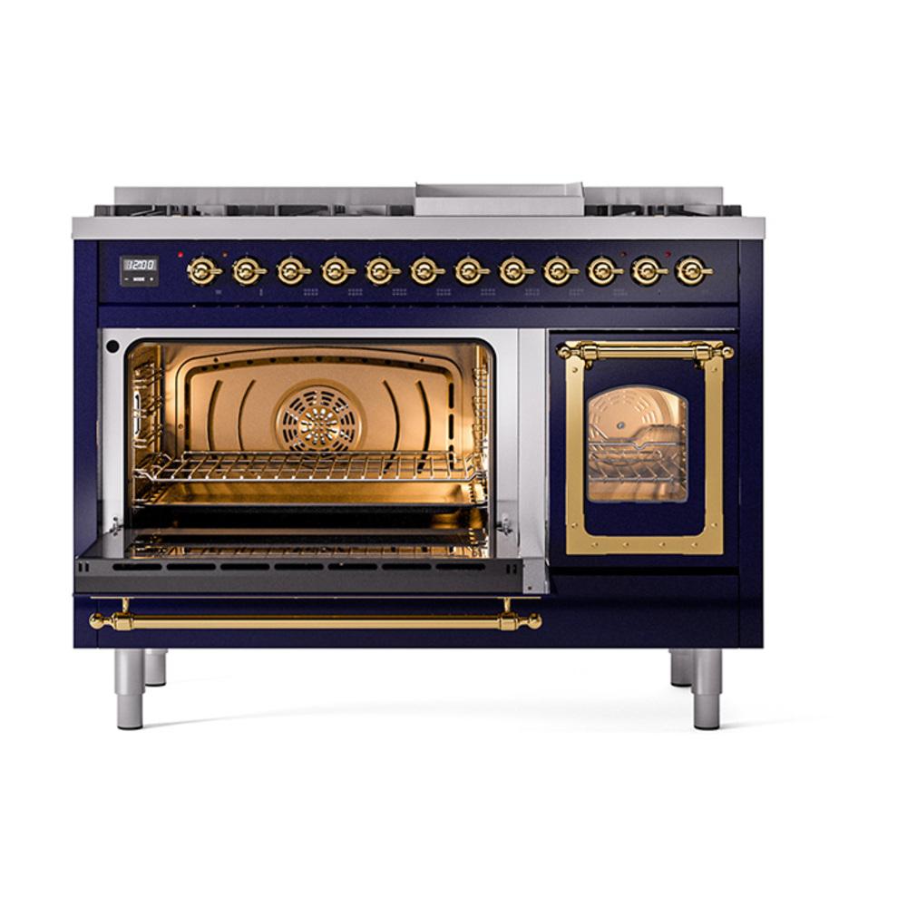ILVE UN48FNMPMBG Nostalgie II Noblesse 48 inch Dual Fuel Range (8 Sealed Burners + Griddle, Natural Gas, Triple Glass Door, Midnight Blue, Brass)