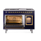 ILVE UN48FNMPMBG Nostalgie II Noblesse 48 inch Dual Fuel Range (8 Sealed Burners + Griddle, Natural Gas, Triple Glass Door, Midnight Blue, Brass)