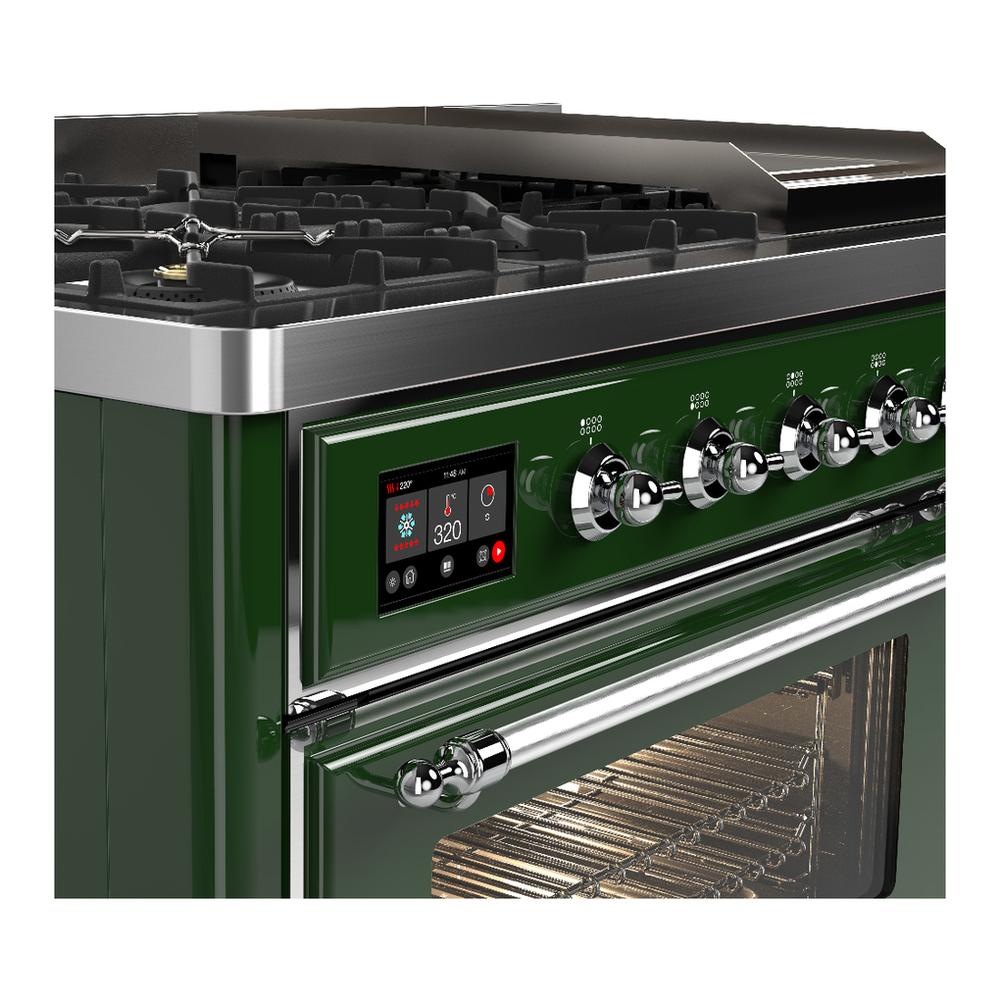 ILVE UM48FNR3EGC Majestic III 48 inch Dual Fuel Range with 8 Burners and Griddle, Dual Function Burner up to 25,000 BTU (Natural Gas, Triple Glass Door, Emerald Green, Chrome)