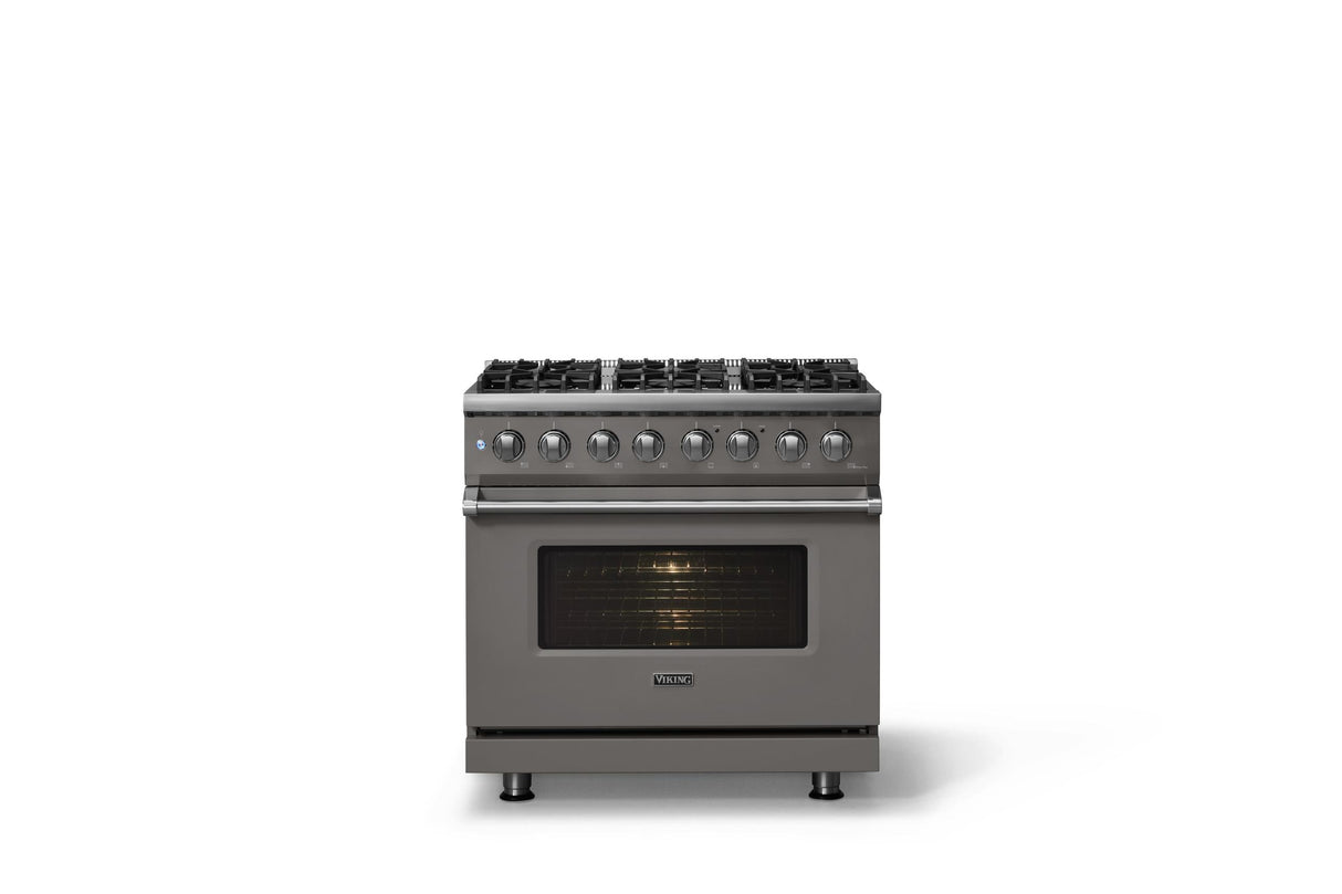36"W. Dual Fuel Range (Burner: 6b, Finish: Damascus Gray, Trim: Polished Chrome, Fuel: Natural Gas)