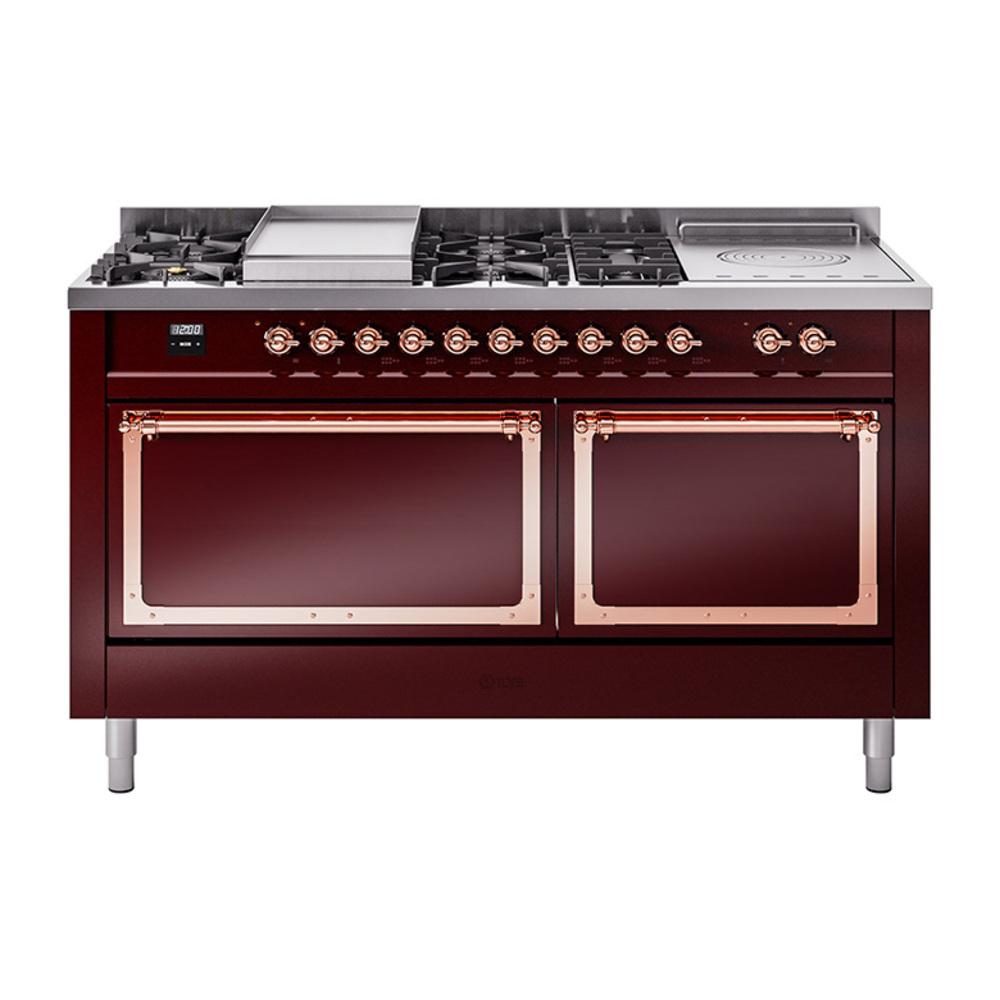 ILVE UN60FSQNMPBUPLP Nostalgie II Noblesse 60 inch Dual Fuel Range (7 Sealed Burners + Griddle + French Top, Liquid Propane, Solid Door, Burgundy, Copper)
