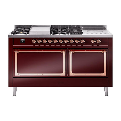 ILVE UN60FSQNMPBUPLP Nostalgie II Noblesse 60 inch Dual Fuel Range (7 Sealed Burners + Griddle + French Top, Liquid Propane, Solid Door, Burgundy, Copper)
