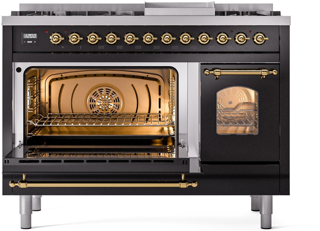 Nostalgie II 48 Inch Dual Fuel Liquid Propane Freestanding Range in Glossy Black with Brass Trim