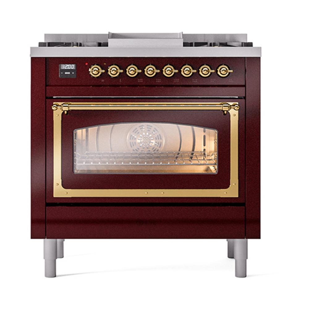 ILVE UN36FNMPBUG Nostalgie II Noblesse 36 inch Dual Fuel Range (Natural Gas, Triple Glass Door, Burgundy, Brass)