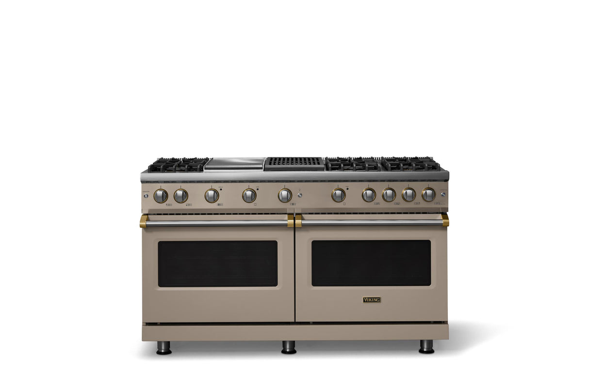60"W. Sealed Burner Gas Range (Finish: Nantucket, Trim: Brushed Brass, Fuel: Propane)