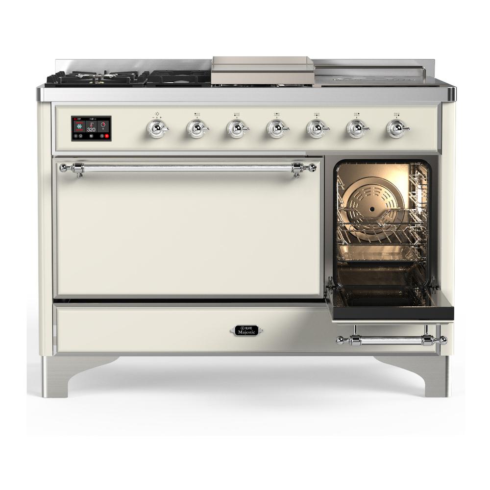ILVE UM48FSQNR3AWC Majestic III 48 inch Dual Fuel Range with 5 Black Brass Burners, Griddle and French Top, Dual Function Burner up to 25,000 BTU (Natural Gas, Solid Door, Antique White, Chrome)