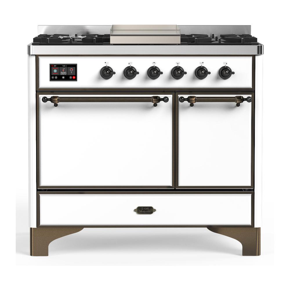 ILVE UMD40FQNR3WHBLP Majestic III 40 inch Dual Fuel Range with 6 Burners and Griddle, Dual Function Burner up to 25,000 BTU (Liquid Propane, Solid Door, White, Burnished)