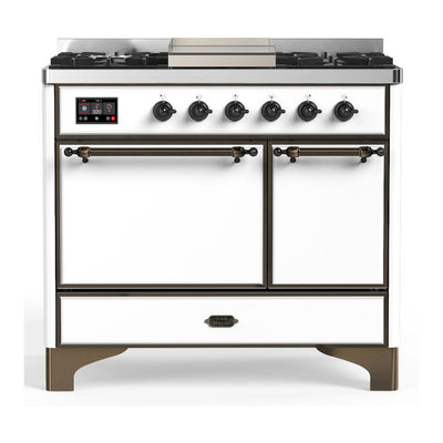 ILVE UMD40FQNR3WHBLP Majestic III 40 inch Dual Fuel Range with 6 Burners and Griddle, Dual Function Burner up to 25,000 BTU (Liquid Propane, Solid Door, White, Burnished)