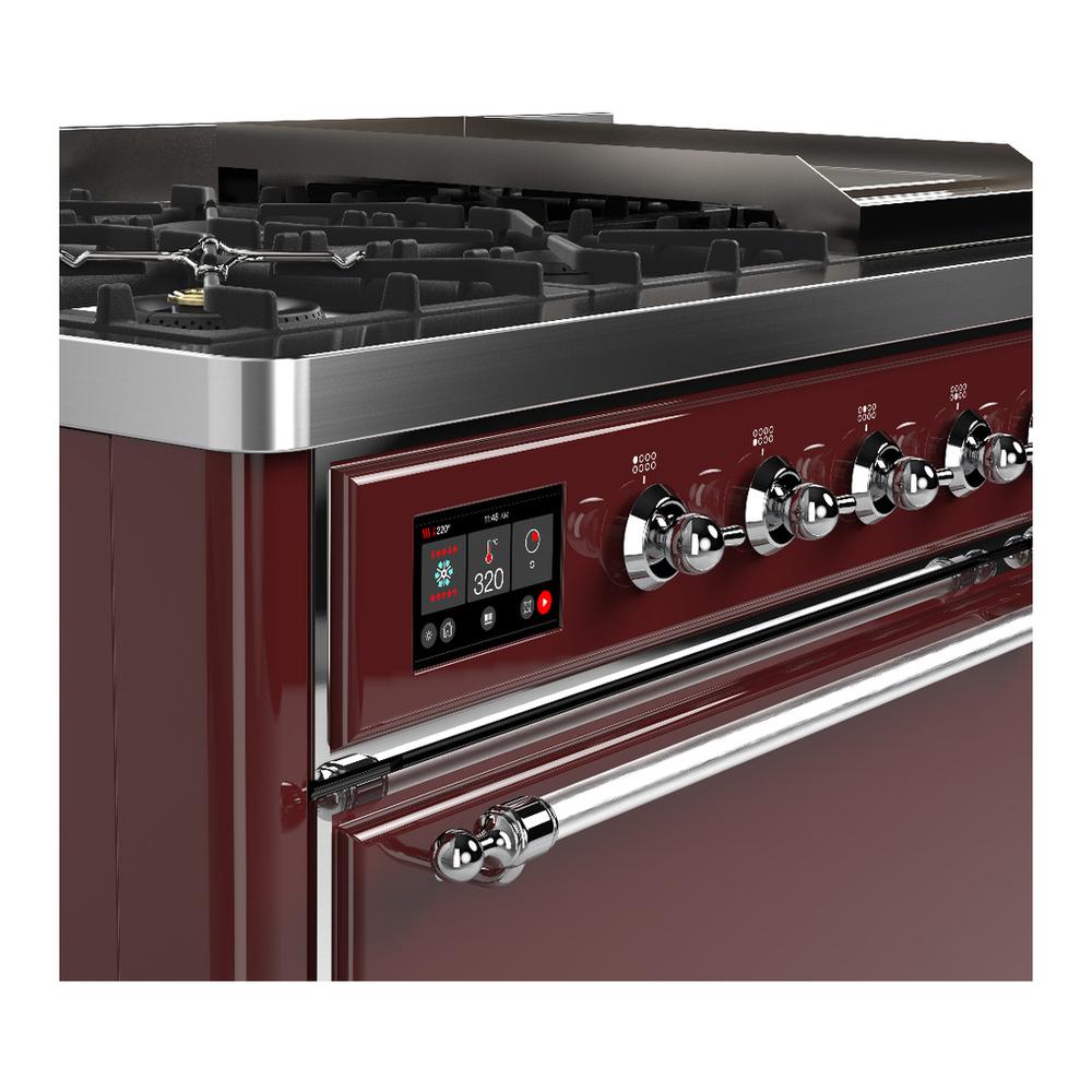 ILVE UM48FQNR3BUCLP Majestic III 48 inch Dual Fuel Range with 8 Burners and Griddle, Dual Function Burner up to 25,000 BTU (Liquid Propane, Solid Door, Burgundy, Chrome)