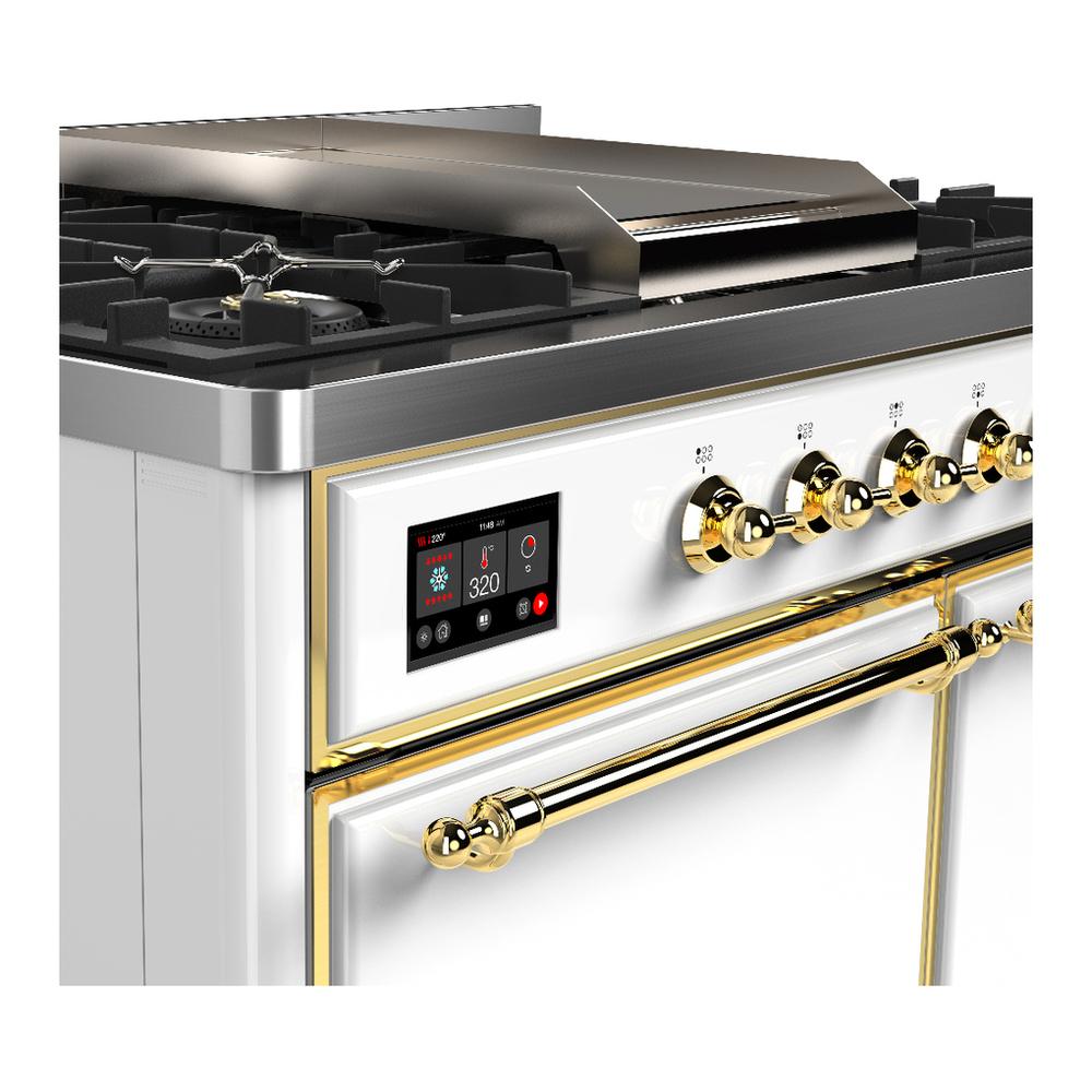 ILVE UMD40FQNR3WHG Majestic III 40 inch Dual Fuel Range with 6 Burners and Griddle, Dual Function Burner up to 25,000 BTU (Natural Gas, Solid Door, White, Brass)