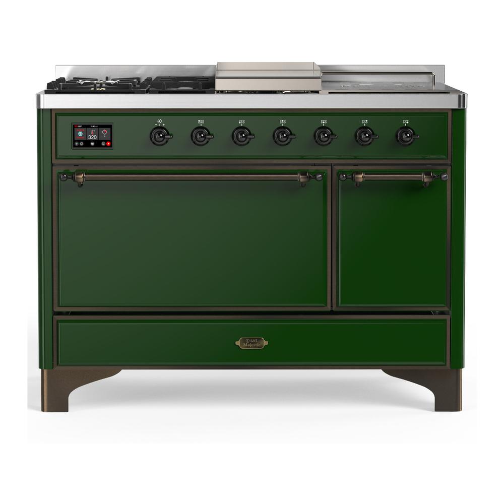 ILVE UM48FSQNR3EGB Majestic III 48 inch Dual Fuel Range with 5 Black Brass Burners, Griddle and French Top, Dual Function Burner up to 25,000 BTU (Natural Gas, Solid Door, Emerald Green, Burnished)