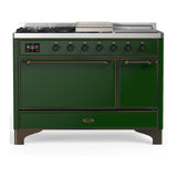 ILVE UM48FSQNR3EGB Majestic III 48 inch Dual Fuel Range with 5 Black Brass Burners, Griddle and French Top, Dual Function Burner up to 25,000 BTU (Natural Gas, Solid Door, Emerald Green, Burnished)