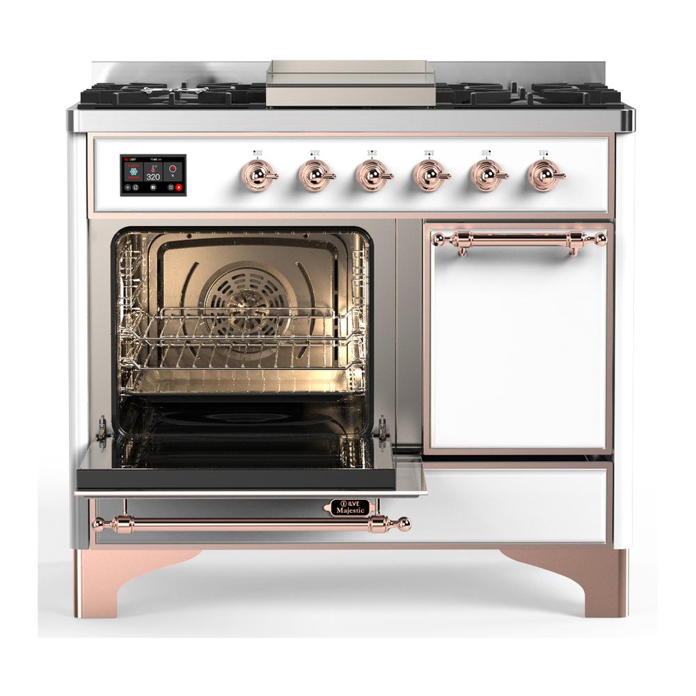 ILVE UMD40FQNR3WHP Majestic III 40 inch Dual Fuel Range with 6 Burners and Griddle, Dual Function Burner up to 25,000 BTU (Natural Gas, Solid Door, White, Copper)