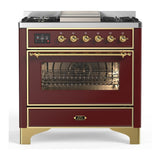 ILVE UM36FNR3BUG Majestic III 36 inch Dual Fuel Range with 6 Black Brass Burners and Griddle, Dual Function Burner up to 25,000 BTU (Triple Glass Door, Burgundy, Brass, Natural Gas)
