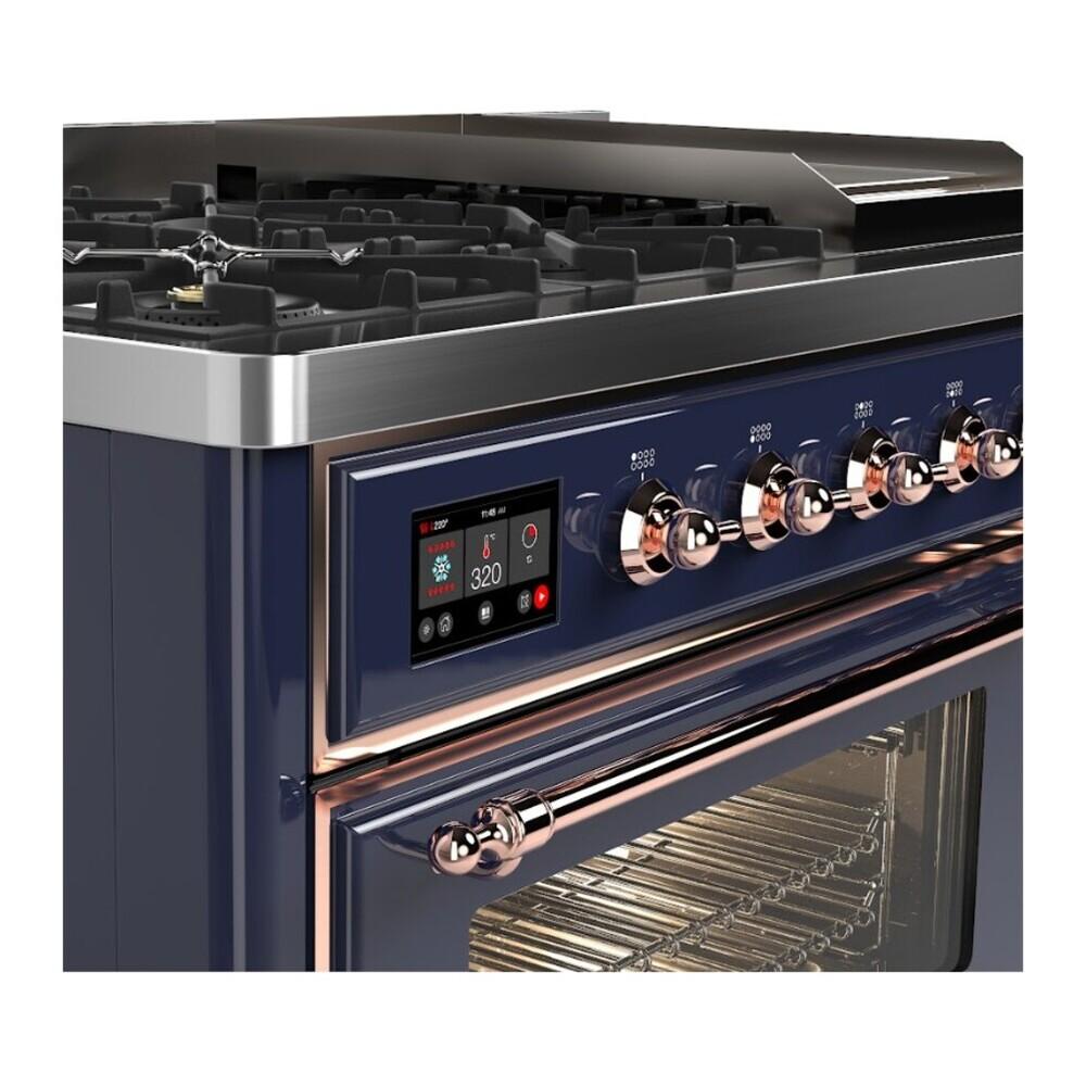 ILVE UM48FNR3MBP Majestic III 48 inch Dual Fuel Range with 8 Burners and Griddle, Dual Function Burner up to 25,000 BTU (Natural Gas, Triple Glass Door, Midnight Blue, Copper)