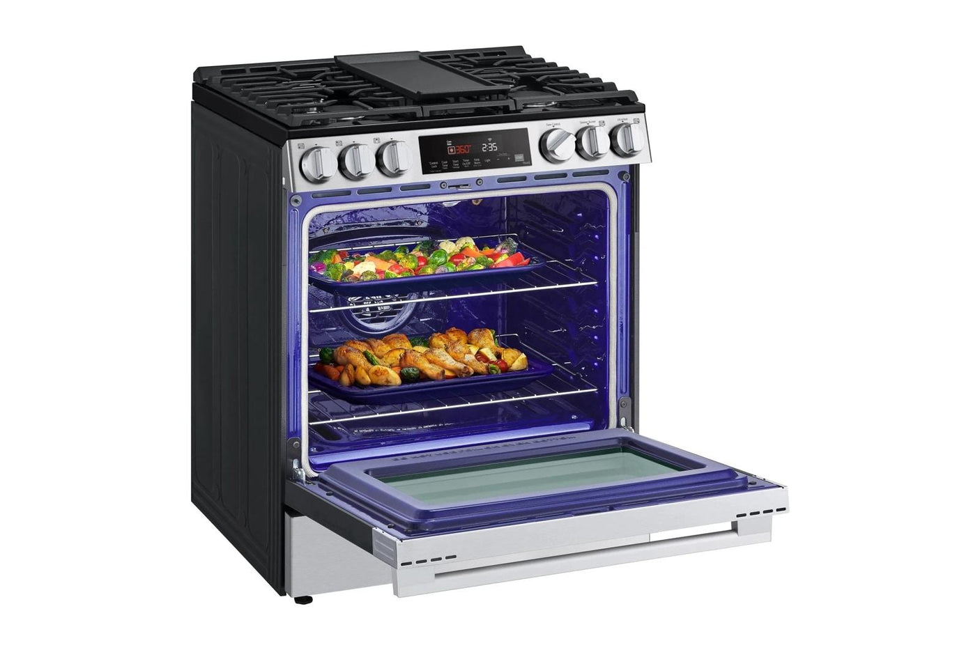 5.8 cu.ft. Smart Gas Single Oven Slide-in Range, Air Fry, Fan Convection, EasyClean®, Self Clean, ThinQ®, Printproof® Stainless Steel - New Handle